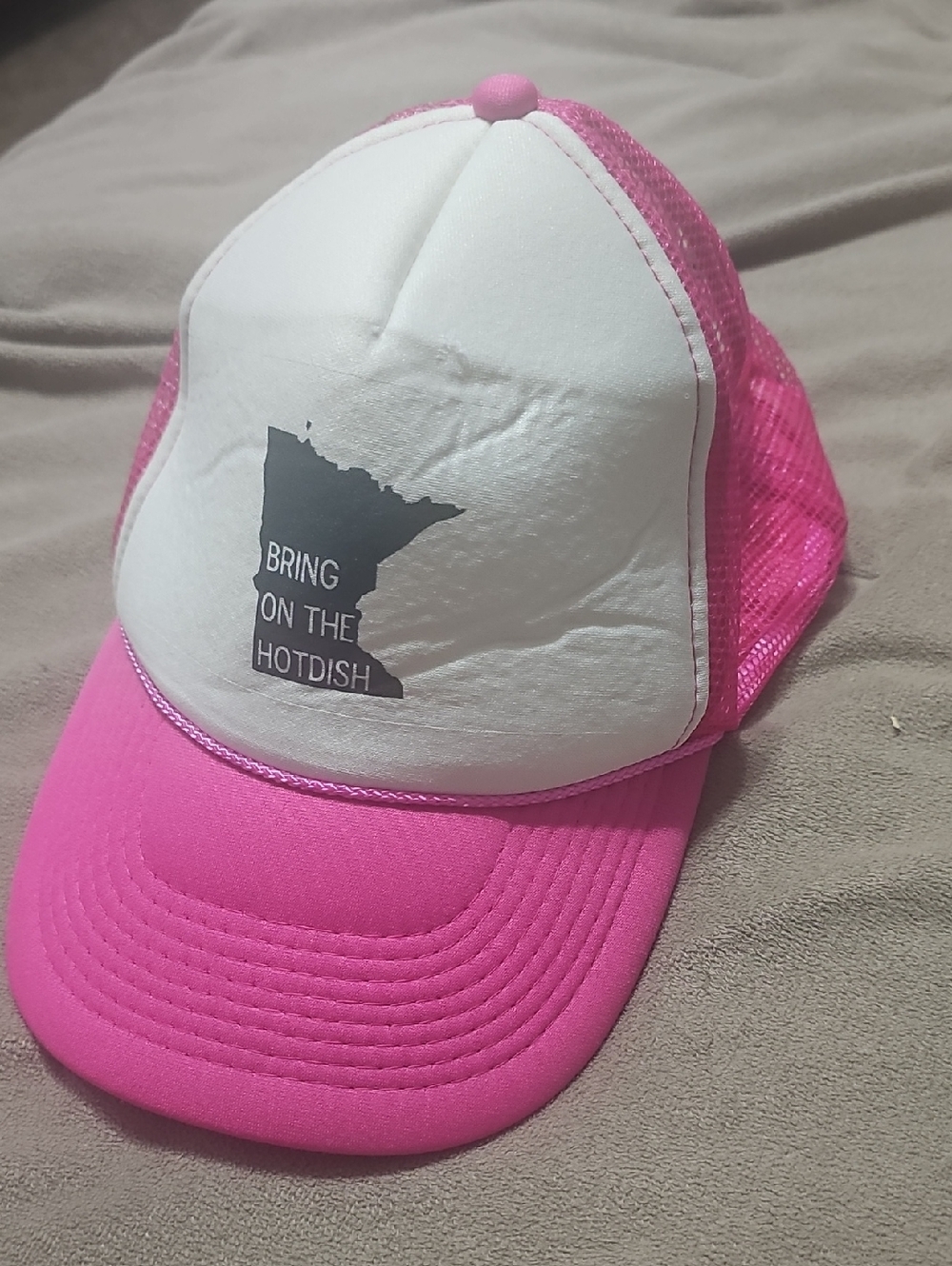 Pink and White Trucker Hat with 'Bring On The Hotdish' Print